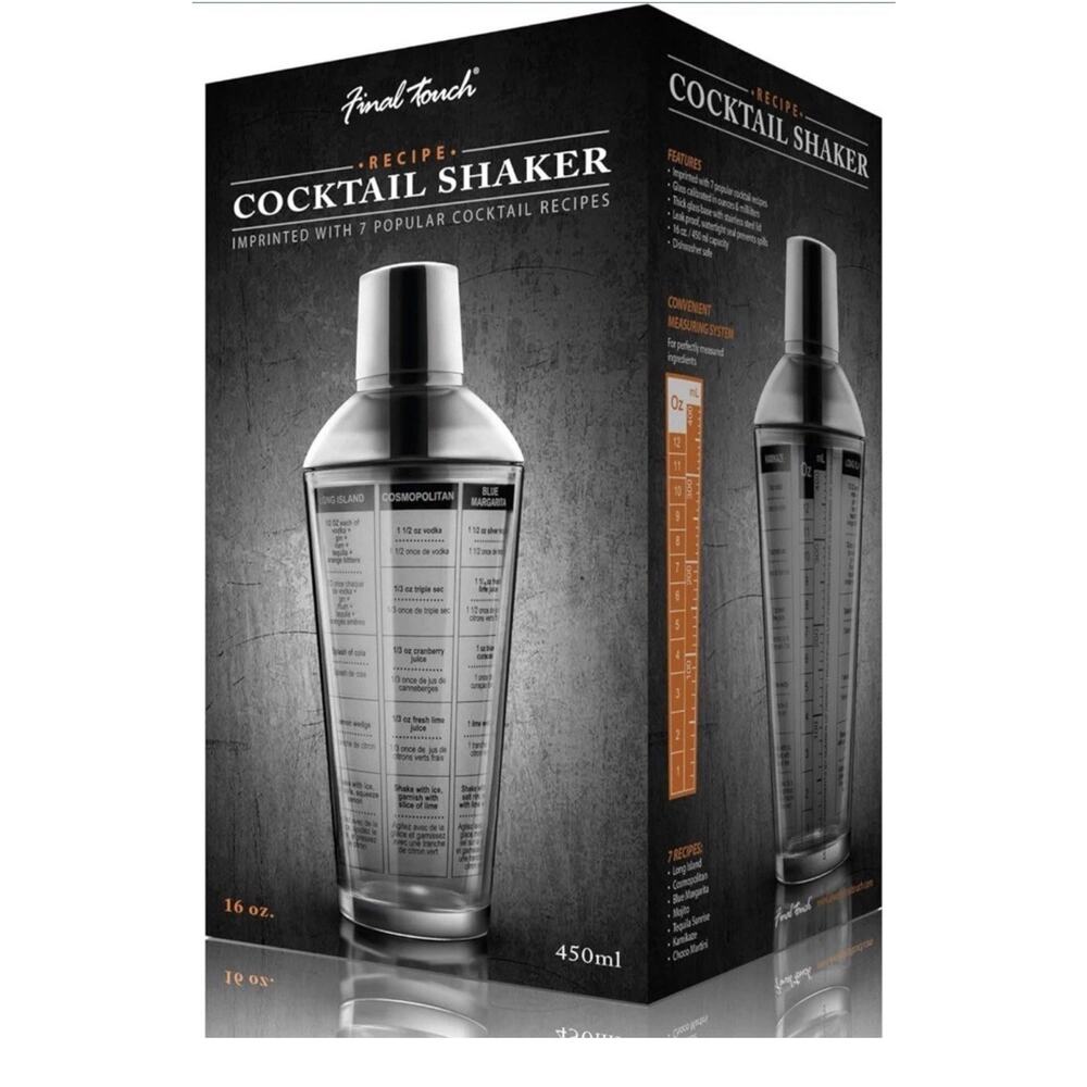 Cocktail Shaker Final Touch, 16oz Glass/stainless Steel 7 Imprinted Recipes NEW